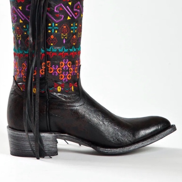 Johnny Ringo Sagrada Black Colorful Embroidered Tall Fringe Western Cowboy Boots - Picture 3 of 12